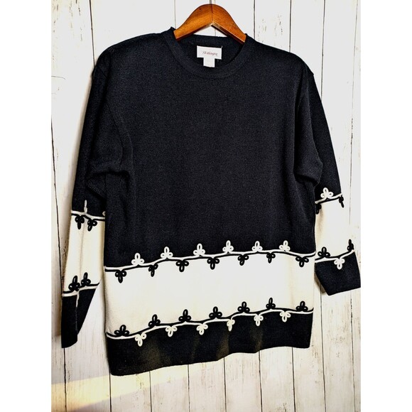 Vintage Worthington Black White Knit Sweater Size Large Fleur Trim Cozy Winter - Picture 2 of 8